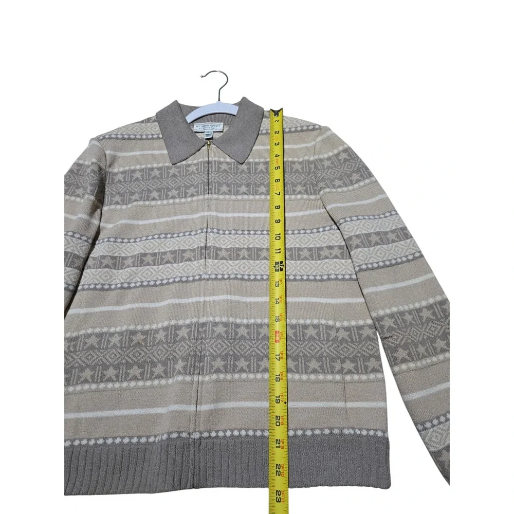 St John Sport Marie Gray Wool Blend Zip Up Sweater Fair Isle Star Beige Tan P